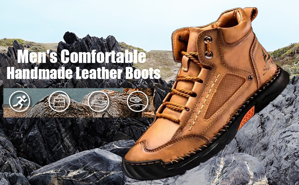Men's Comfortable Handmade Leather Boots – Waterproof, Arch Support, Pressure Relief, Spacious Toe Box Outdoor Leather Shoes